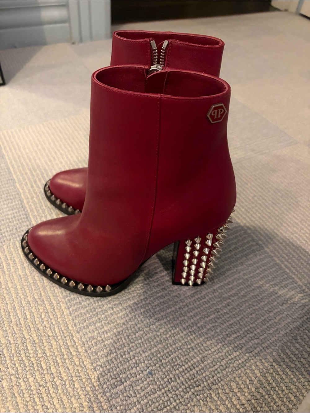 Philipp Plein Red Leather Studded Block Heel Ankle Boots